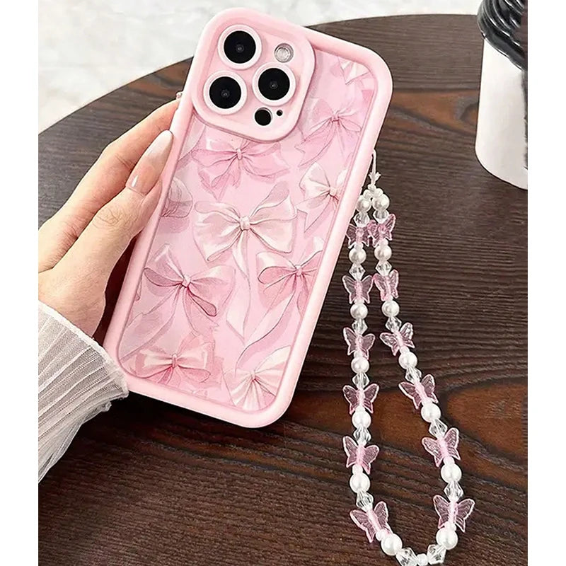 Pink Bow Pattern Silicone Phone Case For iPhone 16 17 Pro Max 15 14 13 12 11 Pro Max 16E X XS XR 7 8 Plus Butterfly Charm Cover