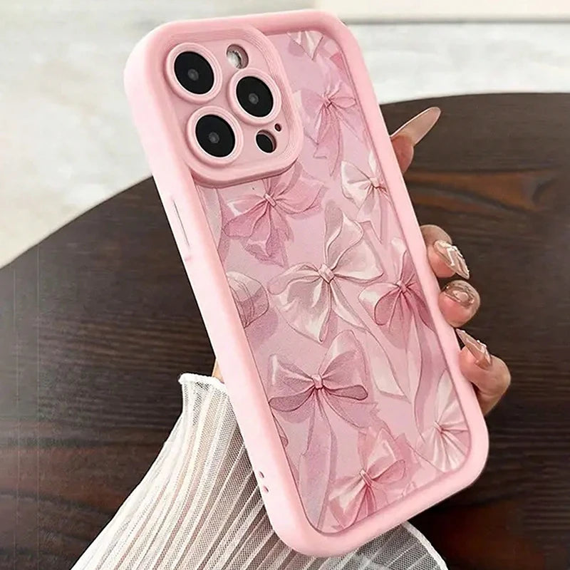 Pink Bow Pattern Silicone Phone Case For iPhone 16 17 Pro Max 15 14 13 12 11 Pro Max 16E X XS XR 7 8 Plus Butterfly Charm Cover